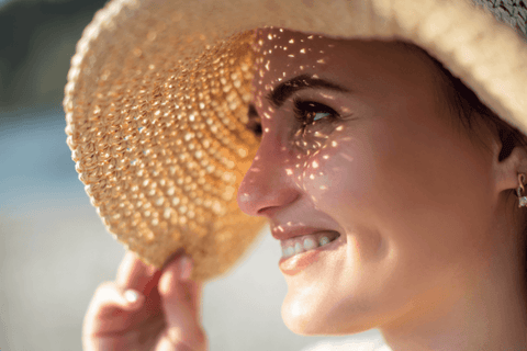 Woman smiling and wearing a hat, looking happy and healthy