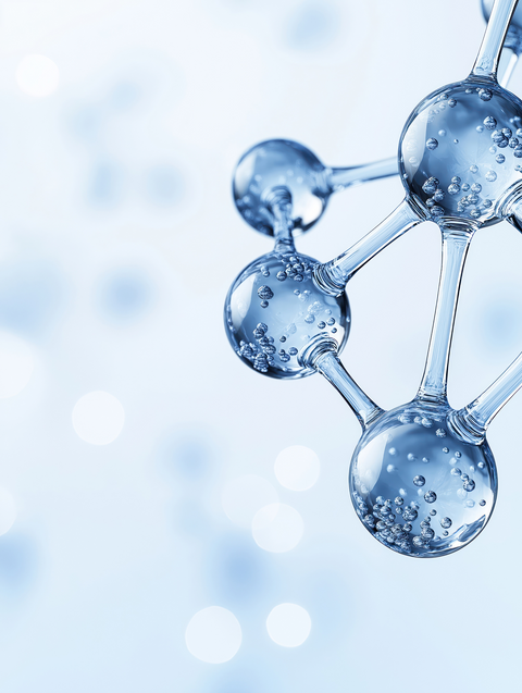 Blue molecular structure with connected spheres representing scientific chemistry and molecular interactions.
