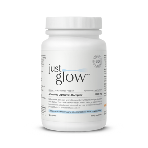 Just Glow Advanced Curcumin Complex 1000mg with bioavailable Meriva® Curcumin Phytosome (up to 29x better absorption), promoting joint health and antioxidant protection, displayed on a clean white background.
