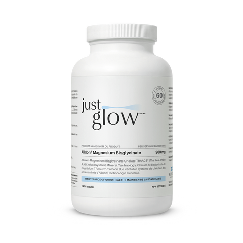 White background image featuring Just glow Albion Magnesium Bisglycinate bottle with clear labeling for enhanced absorption and muscle health