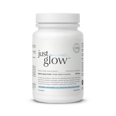 Just Glow Alpha Lipoic Acid 600mg capsules with powerful antioxidant properties, promoting blood sugar balance and neuropathy relief, displayed on a clean white background