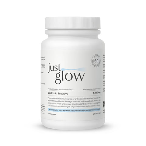 Just Glow Organic Beetroot 1400 mg supplement, Canadian-made for natural vitality, displayed on a clean white background.