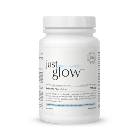 Just Glow Pure Berberine supplement, 100% potency for metabolic and cellular support, displayed on a clean white background.