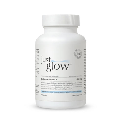 Just Glow Berbevis® Berberine phytosome supplement, 60 capsules, supports metabolic and cardiovascular health, displayed on a clean white background.