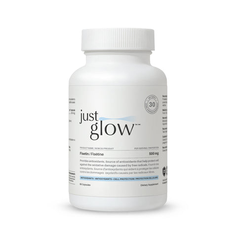 Just Glow Fisetin 500 mg supplement for antioxidant and healthy aging support, displayed on a clean white background.