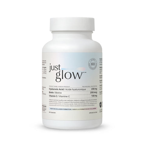 Just Glow Hyaluronic Acid supplement for skin hydration and joint support, 60 capsules, displayed on a clean white background.