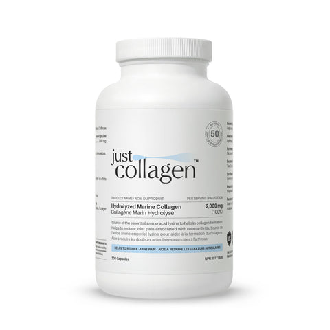 Just Glow Hydrolyzed Marine Collagen supplement, 200 capsules for skin, hair, nails, and joint support, displayed on a clean white background.