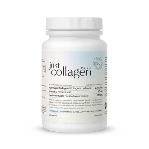Just Glow Hydrolyzed Collagen + Vitamin C + Hyaluronic Acid, 120 capsules for skin, hair, and nail support, displayed on a clean white background.