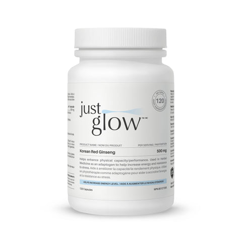 Just Glow Korean Red Ginseng 500 mg supplement, 120 capsules, Canadian-made, displayed on a clean white background.