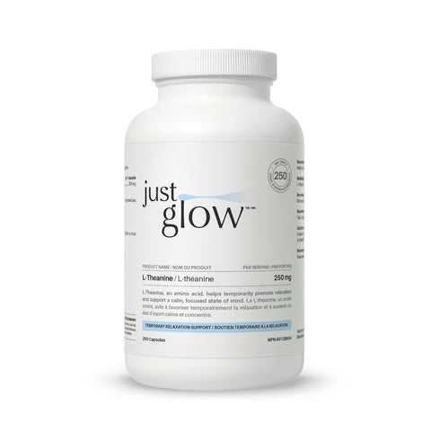 Just Glow L-Theanine 250mg capsules promoting calm alertness, better sleep quality, and mental clarity without drowsiness, displayed on a clean white background.