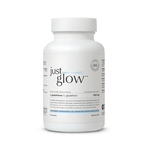 Just Glow L-Glutathione 500mg capsules with high-potency reduced form, promoting detoxification and immune health, displayed on a clean white background.