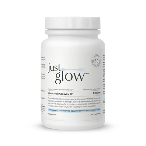 Just Glow Liposomal Vitamin C 1000 mg with PureWay-C® for faster absorption, immune and antioxidant support, on a clean white background.