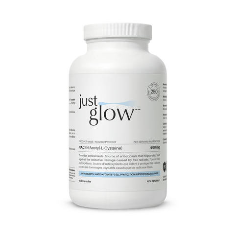 Just Glow NAC (N-Acetyl Cysteine) 600mg capsules replenishing glutathione levels for detox and immune function, displayed on a clean white background