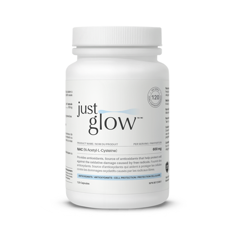 Just Glow NAC (N-Acetyl Cysteine) 600mg capsules replenishing glutathione levels for detox and immune function, displayed on a clean white background