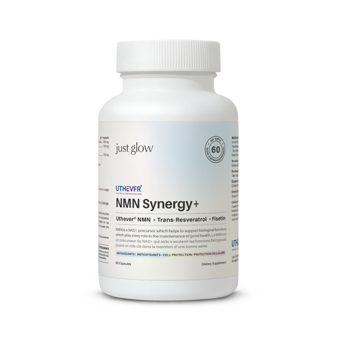 Just Glow NMN Synergy complex with Uthever® NMN, Trans-Resveratrol, and Fisetin blend, promoting NAD+ boost and oxidative balance, displayed on a clean white background