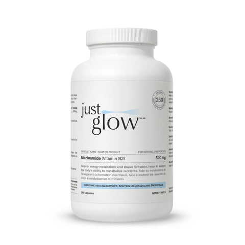 Just Glow Niacinamide 500mg Vitamin B3 capsules (nicotinamide form) promoting energy production displayed on a clean white background.