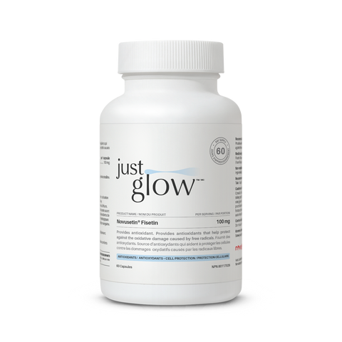 Just Glow Novusetin® Fisetin 60 capsules with superior absorption, promoting brain protection and healthy aging, displayed on a clean white background