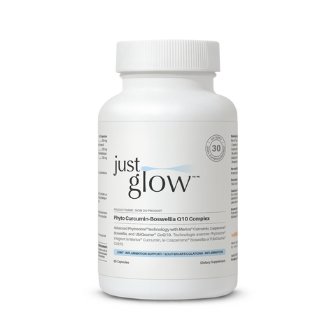 Just Glow Phyto Curcumin-Boswellia Q10 Complex with clinically studied phytosome ingredients for enhanced joint mobility and inflammation relief, displayed on a clean white background