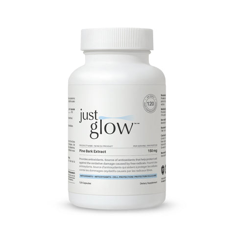 Just Glow Pine Bark Extract 150 mg supplement for antioxidant support, displayed on a clean white background.