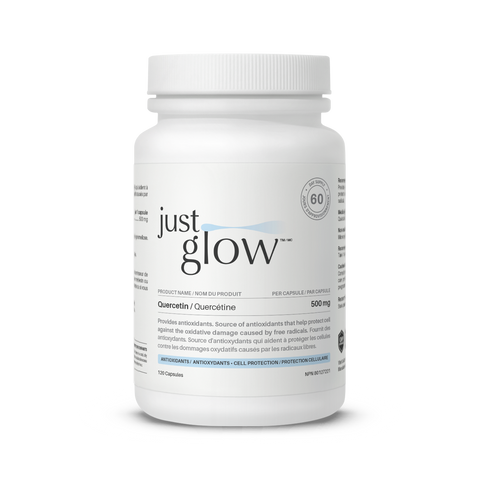 Just Glow Quercetin 500mg capsules with potent antioxidant properties, promoting heart health and allergy relief, displayed on a clean white background