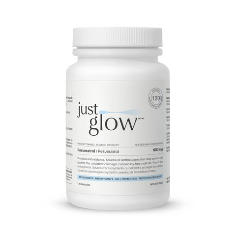 Just Glow Resveratrol 600 mg supplement for antioxidant and immune support, displayed on a clean white background.