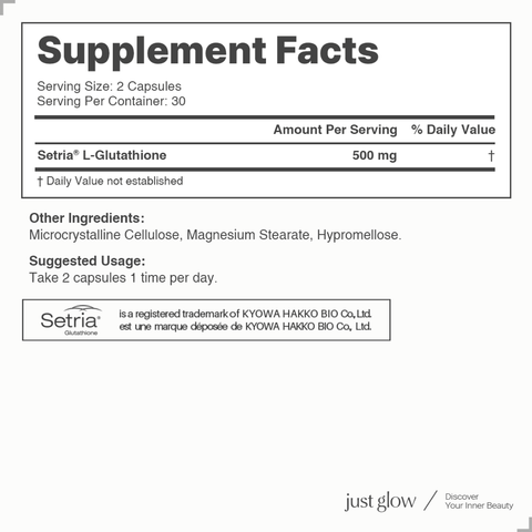 Just Glow Setria Glutathione 60 Capsules - Clinically Studied & Potency Tested By 3rd Party - Reduced Active Form - L Glutathione Supplement For Just Glow Setria Glutathione 60 Capsules - Clinically Studied & Potency Tested By 3rd Party - Reduced Active Form - L Glutathione Supplement For