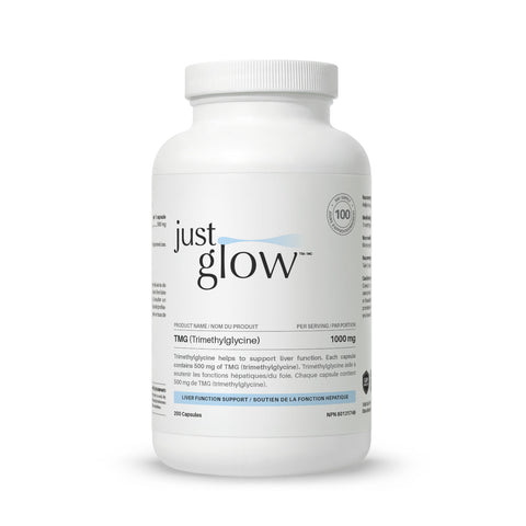 Just Glow TMG 1000 mg supplement with trimethylglycine, 200 capsules, displayed on a clean white background.