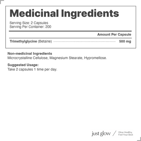 Medicinal ingredients label for a product with trimethylglycine and suggested usage instructions.