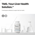 Just Glow supplement bottle with glasses of water and laboratory beakers on a white background, promoting liver health.