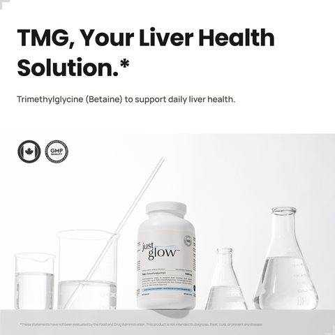 Just Glow supplement bottle with glasses of water and laboratory beakers on a white background, promoting liver health.