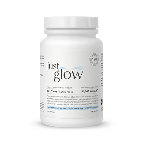 Just Glow Tart Cherry 10,000 mg supplement, Canadian-made for natural vitality, displayed on a clean white background.