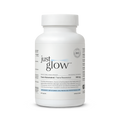 Just Glow Trans-Resveratrol capsules, promoting longevity and antioxidant defense, displayed on a clean white background