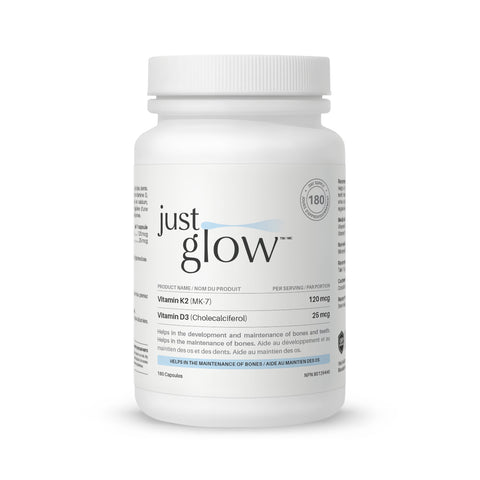 Just Glow Vitamin K2 120 mcg + D3 1000 IU supplement, 180 capsules for bone and heart support, displayed on a clean white background.