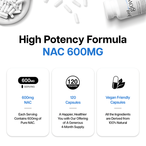 Just Glow NAC 600mg 120 Capsules - Boost Glutathione Just Glow NAC 600mg 120 Capsules - Boost Glutathione